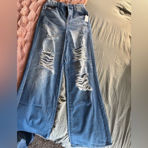 SO Distressed Wide Leg Blue Jeans - Picture 1 of 4